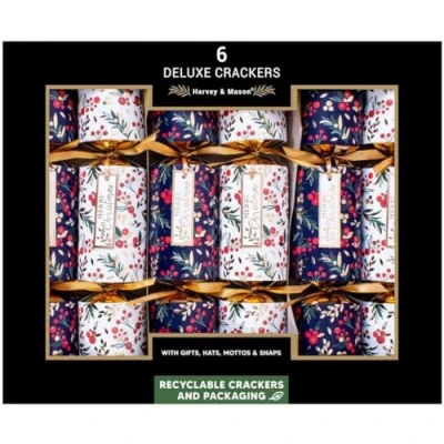Image of Harvey &amp; Mason Box 6 Deluxe Recyclable Christmas Crackers White Blue Foliage &#039;Merry Christmas&#039;