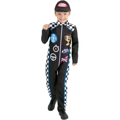 Image of Smiffys Racing Driver Costume with Jumpsuit &amp; Cap, Boys Fancy Dress, Child Dress Up Costumes