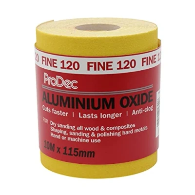Image of ProDec 10m Roll 120 Grit Fine Grade Yellow Aluminium Oxide Abrasive Sanding Paper for Wood, Paint, Plaster, Filler, Metal and More, 115mm Wide Sandpaper Compatible with Machine Sanders