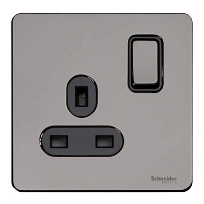 Image of Schneider Electric Ultimate Screwless Flat Plate Switched Single Power Socket, Pole, 13A, GU3410BBN, Black Nickel with Insert