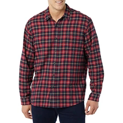 Image of Amazon Essentials Men&#039;s Long Sleeve Flannel Shirt (Available in Big &amp; Tall), Dark Red Plaid, XL