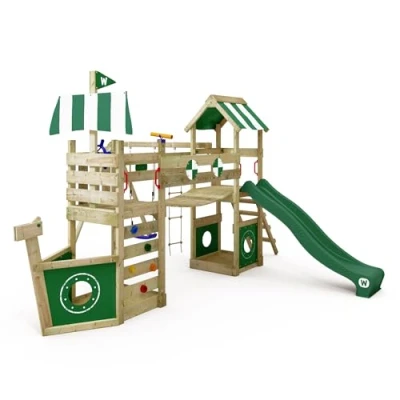 Image of WICKEY Wooden climbing frame StormFlyer with swing set &amp; green slide, Outdoor kids playhouse sandpit, ladder play accessories for the garden