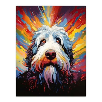 Image of Artery8 Old English Sheep Dog Lover Gift Pet Portrait Colourful Artwork Painting Extra Large XL Wall Art Poster Print