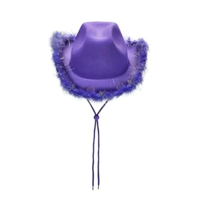 Image of Light Up Cowboy Hats for Women Fluffy Feather Brim LED Cowgirl Hat Bachelorette, Costume Party, Play Dress (Purple)