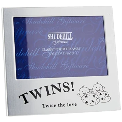 Image of Shudehill Giftware 5&quot; x 3&quot; Twins. Twice The Love Frame Occasion Gift 73475, Aluminium, Silver, Photo Size 3.5&quot;