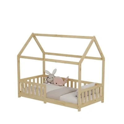 Image of ecomi Children&#039;s House Bed with Fall Protection and Slatted Frame, 90 x 200 / 80 160 cm for Children Natural (90 200)