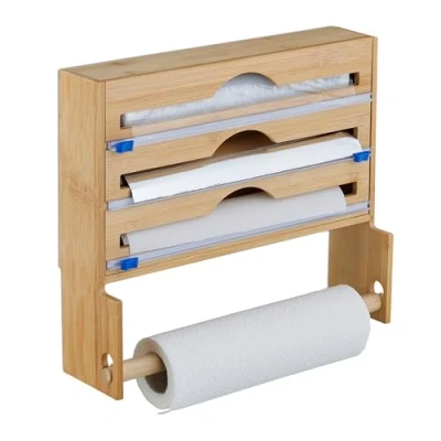 Image of Relaxdays Cling Film Dispenser, with Kitchen Roll Holder, Foil &amp; Baking Paper, Wall Mounted, 31x36x10 cm, Bamboo, Brown, Plastic, Fibreboard