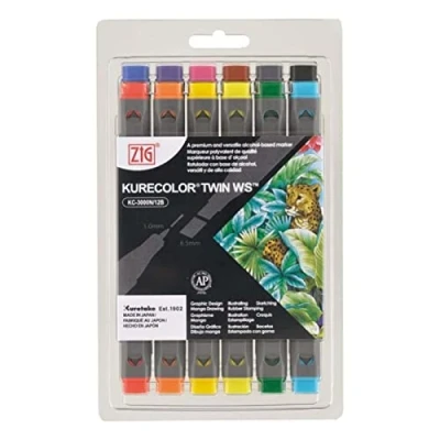 Image of Zig KC3000N12B1 Kurecolor Basic Twin Ws Marker Set 6.5mm &amp; 1mm, of 12, Tip