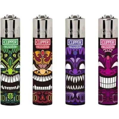 Image of Clipper Lighters 4pcs Set, Collection SET DESIGN (No Fuel) Mix Designs Refillable Assorted Colors Reusable Soft Flame Kitchen Lighter (Native Tolem 4Pcs)