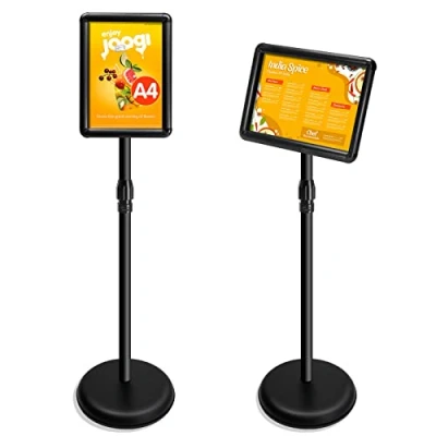Image of VAIIGO A4 Sign Stand Adjustable Poster Aluminum Snap Frame Menu Replaceable Advertising Rack Floor Display Stands with Safety Corner and Stable Round Base (Black, A4)