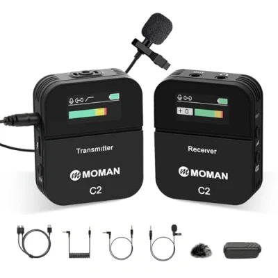 Image of Moman C2 2.4GHz Wireless Lavalier Microphone System with 1 Transmitter, Receiver &amp; Lapel Compatible Laptop, DSLR, Camcorder, Recorder, Tablet, Smartphone