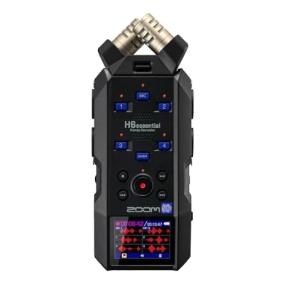 Image of Zoom H6essential Handy Recorder (2024 Essential Series), 6 track 32 bit, interchangeable microphone capsules (XYH 6e included), 4 XLR/TRS inputs, music, podcast, content, audio control guide, black