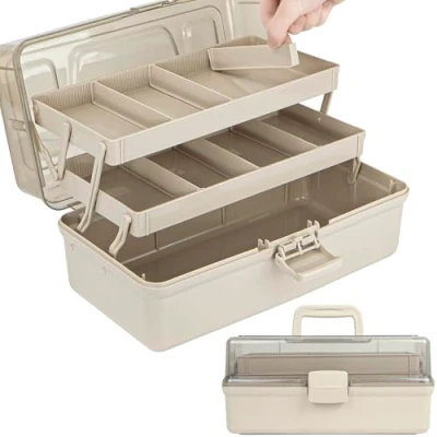 Image of Creahaus 14in 3 Layer Multipurpose Storage Box/Craft Boxes with Compartments/Plastic Tool Box/Medicine Box/Hair Accessories Organiser/Sewing Box 2 Trays(Brown)