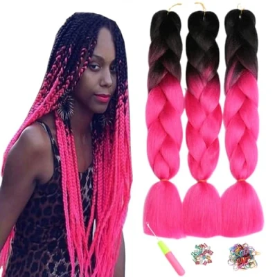 Image of ShowJarlly Box Braid Hair Extensions, 24inch Black/Rosy Ombre Jumbo Hair, 3Packs Synthetic Braiding Extension Afro Extensions for Crochet Twist