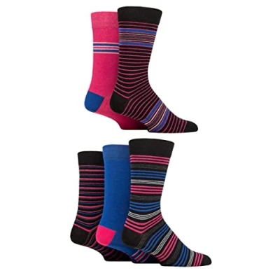 Image of Mens 5 Pair SOCKSHOP Plain and Patterned Cotton Socks with Gentle Grip Tops Black / Blue Stripe 7 11