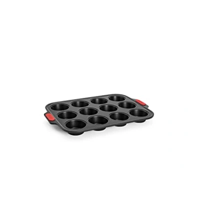 Image of Woll Bakeware Muffin Tin for 12 Pieces with Heat Resistant Silicone Handles up to 230C, PFAS Free, Double Layer Non Stick Coating, Aluminised Steel, Black