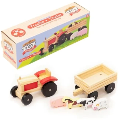Image of KandyToys Wooden Tractor &amp; Trailor Farm Animal Nursery Toy Play Set Toys Kids 12 Months +