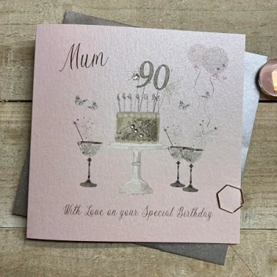 Image of WHITE COTTON CARDS Happy 90th Birthday Card Mum Champagne Glasses Pink &amp; Gold Sparkly Cake SS42 M90