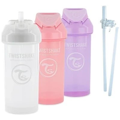 Image of Twistshake Baby Training Sippy Cup Set 4 Piece 3X with Straw 2X Straws 1x Leakproof Seal Leak Proof Water Bottles BPA Free Non Spill 6+ Months Pink Purple