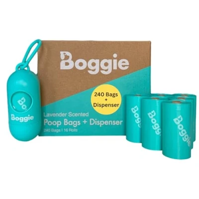 Image of Boggie Poop Bags, Guaranteed Leak Proof, Eco Friendly Bag Refill Rolls for Dogs, Lavender Scented (16 Rolls/240 Bags + Dispenser)