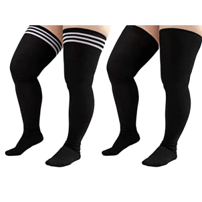 Image of DRESHOW Women 2 Pack Plus Size Extra Long Thigh High Socks Striped Over Knee Boot Stockings Tube Leg Warmers