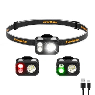 Image of EverBrite Rechargeable Head Torch, 7 Lighting Modes Lightweight LED Headlamp, Adjustable Strap, 400 Lumen Waterproof Headlight for Running, Camping, Fishing, Grey