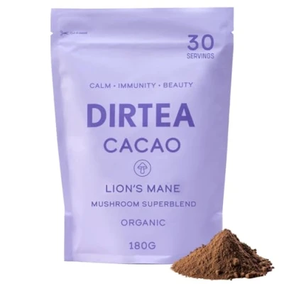 Image of DIRTEA Cacao with Lion&#039;s Mane, Reishi &amp; Tremella 100% Organic MCT Moringa 2,500mg Mushrooms per Serving Vegan Non GMO 180g 30 Servings