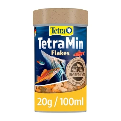 Image of TetraMin Flakes fish food in flake form for larger ornamental fish, balanced mixture healthy and clear water, 100ml Can