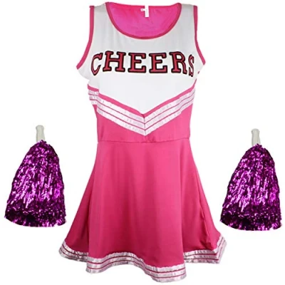 Image of Cheerleader Fancy Dress Outfit Uniform High School Costume With Pom Poms Pink Cheerleader, Medium