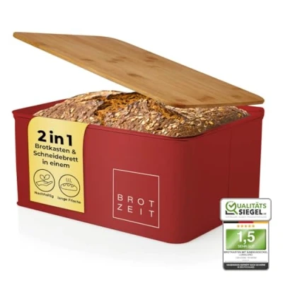 Image of Lumaland Cuisine Bread Bin Metal Box with Bamboo Lid Rectangular 30,5 x 23,5 14 cm 2in1 &amp; Cutting Board [Red]