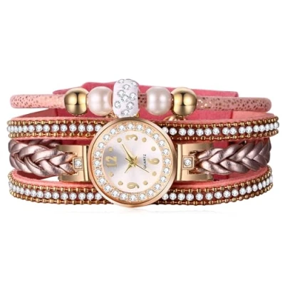 Image of JewelryWe Women Bohemia Leather Wrist Watch: Multi Layer Braided Weave Wrap Watch Round Analog Quartz Casual Bracelet for Xmas