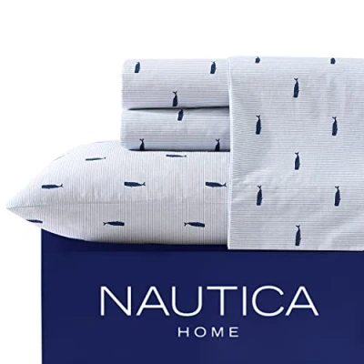 Image of Nautica 4PCS,Queen Sheet Set, Cotton Percale Bedding Crisp &amp; Cool, Lightweight Breathable (Whale Stripe Blue, Queen)