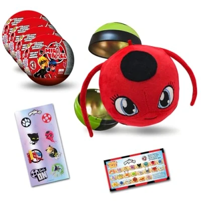 Image of Miraculous Ladybug, 4 1 Capsule Collectible Toy, [PACK OF 4], Surprise Miraball with expanding Plush Kwami, Character Metal Case, Glittery Stickers &amp; hanging Display Ribbon