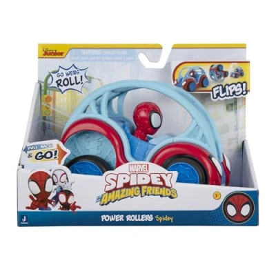 Image of Marvel&#039;s Spidey and His Amazing Friends POWER ROLLERS (SPIDEY) 6 Inch Pull Back Flipping Car Toys Featuring Your Friendly Neighbourhood Spideys