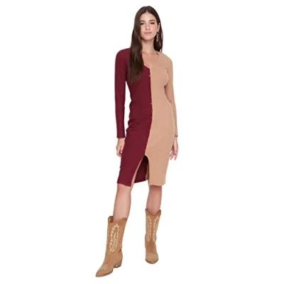 Image of Trendyol Women Midi Basic Fitted Knit Dress Burgundy