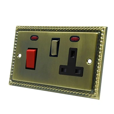 Image of Georgian Antique Brass Cooker Control Unit 45A Switch with 13A Switched Plug Socket and Neon Indicators 2 Gang Plate