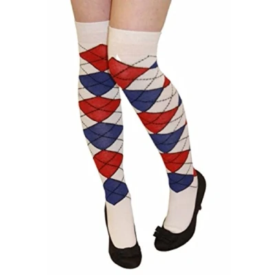 Image of Argyle Over The Knee Socks Ladies Thigh High Diamond Check Pattern Golf 4 6 (White Blue &amp; Red Argyle)