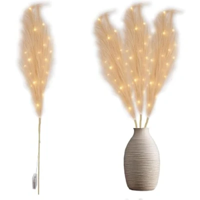Image of 100cm Prelit Champagne Pampas Grass Stem, Warm White LEDs Battery Operated Christmas Artificial Flowers for Boho Wedding Bedroom Living Room Decorations