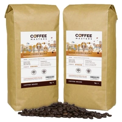 Image of Coffee Masters Super Crema Espresso Beans 2kg (2x1kg) Intensely Strong Dark Roasted Blend of Arabica and Robusta Whole Ideal for Machines