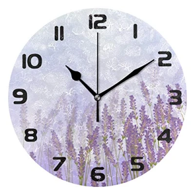 Image of Hunihuni Wall Clock Flower Floral Lavender Silent Non ticking for Bedroom Living Room Home Office Decor