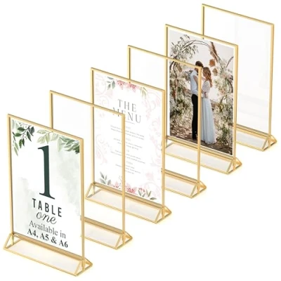 Image of Gold Picture Frames Double Sided 6 Pack A4 Acrylic Table Number Holders, Clear Easel Stands for Signs, Wedding Numbers, Menu Holder, Photo Frame (A4 (6 Pack))
