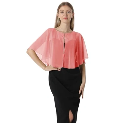 Image of Soft Capelets capes Shawls and Wraps for Dress Chiffon Shrug Wedding Cape Cover Up, Coral, One Size