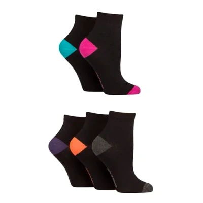 Image of Women&#039;s 5 Pair SOCKSHOP Plain and Patterned Bamboo Anklet Socks Heel &amp; Toe Black Bright 4 8
