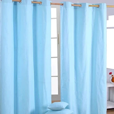 Image of HOMESCAPES Blue Eyelet Curtain Pair 137cm (54&quot;) Wide x 182cm (72&quot;) Drop Plain Heavy Unlined Curtains