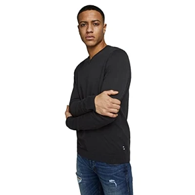 Image of Jack &amp; Jones Men&#039;s Jjebasic Knit V neck Noos Jumper, Black (Black Black), L UK