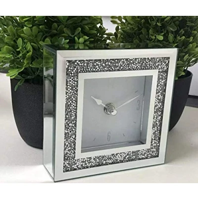 Image of Biznest Small Square Crystal Clock Crushed Diamante Desk Elegant Diamond Mirror Jewel Numbers 14X14Cm