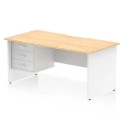 Image of Impulse 1600 x 800mm Scalloped Edge Straight Office Desk Maple Top White Panel End Leg Workstation 1 3 Drawer Fixed Pedestal