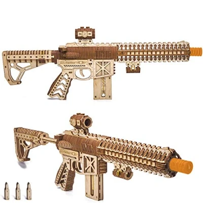 Image of Wood Trick Assault Gun AR T Model Kit for Adults and Teens to Build with Telescoping Butt, Fuse, Sight Clip 12 Rounds Detailed Construction 23x8″ 3D Wooden Puzzle 14+