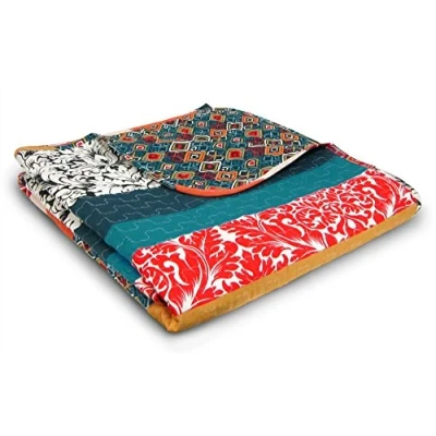 Image of Lush Decor Boho Reversible Throw Colorful Striped Pattern Bohemian Blanket, 60 x 50, Turquoise and Tangerine