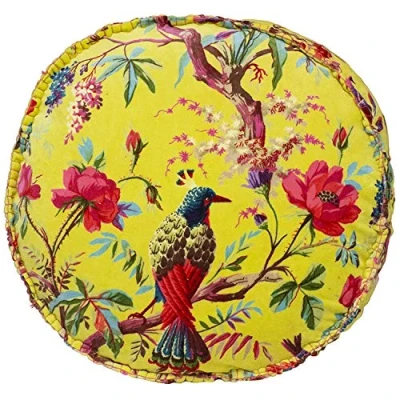Image of Riva Paoletti Paradise Round Cushion Cover Acacia Yellow Colourful Bird Print Velvet Fabric Blanket Stitched Edges 100% Cotton 50 x 12cm (20&quot; 20&quot; 5&quot; inches), 50cm 20&quot;)